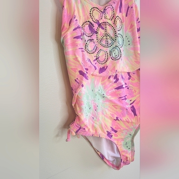 Girls Ocean Pacific OP Tie Dye Peace Sign One Piece Bathing Suit, sz 7/8 - Picture 3 of 5